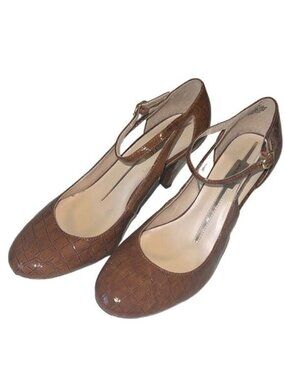 Sam & Libby Brown Crocodile Embossed Patent Leather Buckle Closed Toe Pump Sz 7.